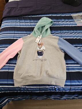 Ralph Lauren Gray Hoodie with Mint Hood, Pink & Blue Sleeves Size M Brand New WT